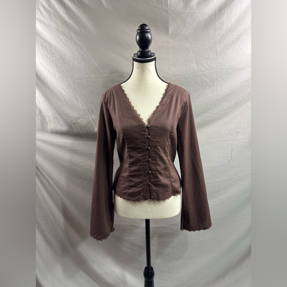 Boho Cotton Lace Cap Sleeve Single Button Blouse Brown - Picture 7 of 8